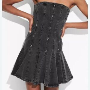Goth fairy Dress with Silver studs Strapless Sleeveless Denim Mini Dress size L